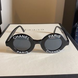 ICONIC CHANEL LOGO Round Sunglasses Black RARE
